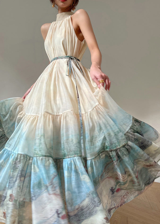 Scenic Print Mock Neck Sleeveless Tie Waist Tiered Maxi Dress