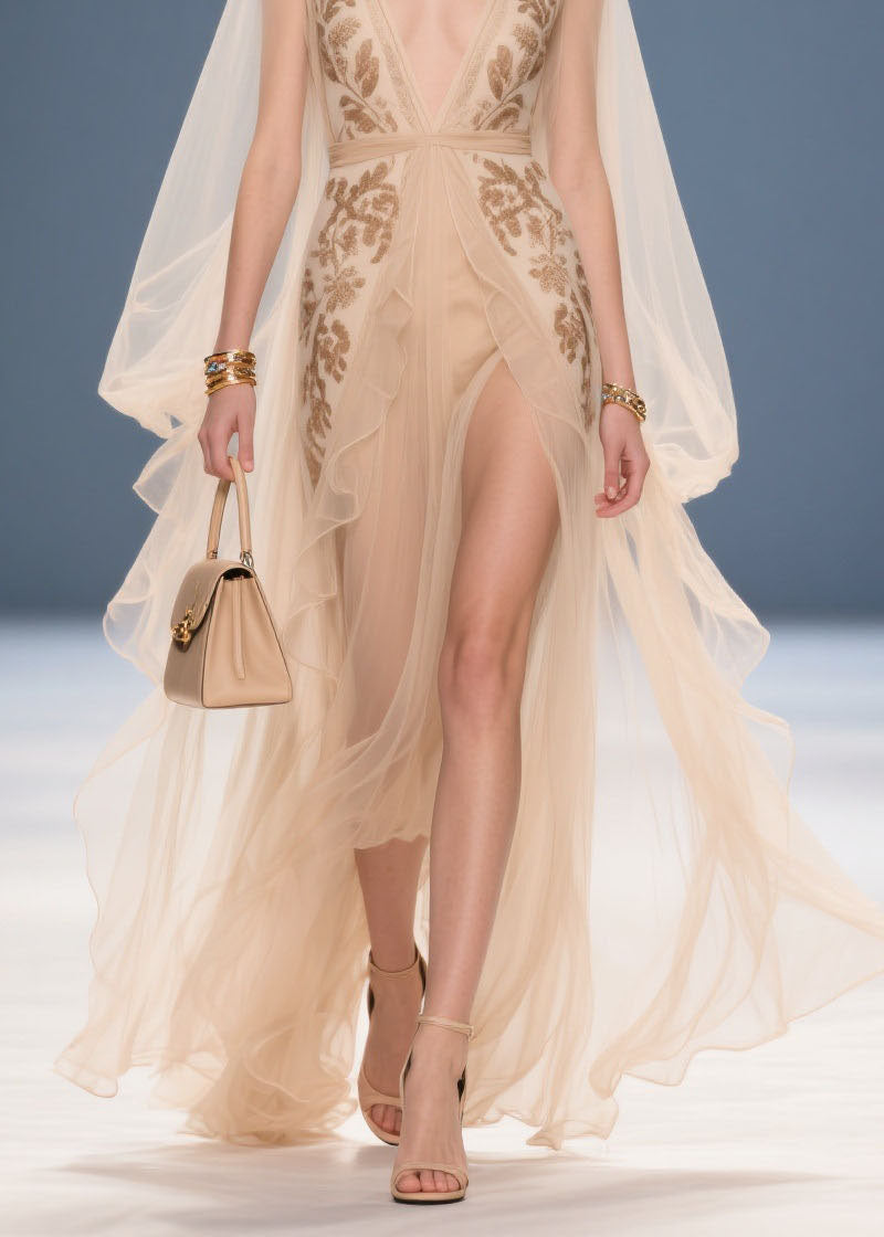 Chiffon Deep V-Neck Embroidered Cape Sleeve High Split Maxi Gown - View 4