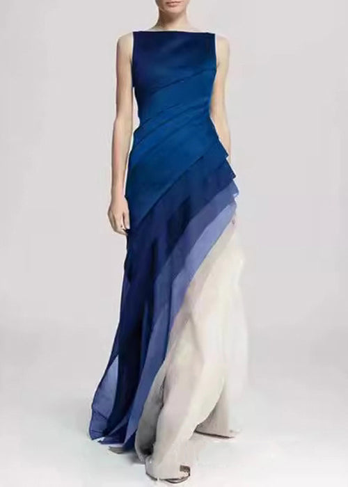 French Navy High Waist Patchwork Tulle Maxi Dresses Sleeveless - View 3