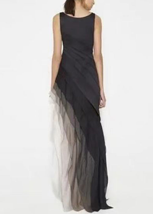French Navy High Waist Patchwork Tulle Maxi Dresses Sleeveless - View 4
