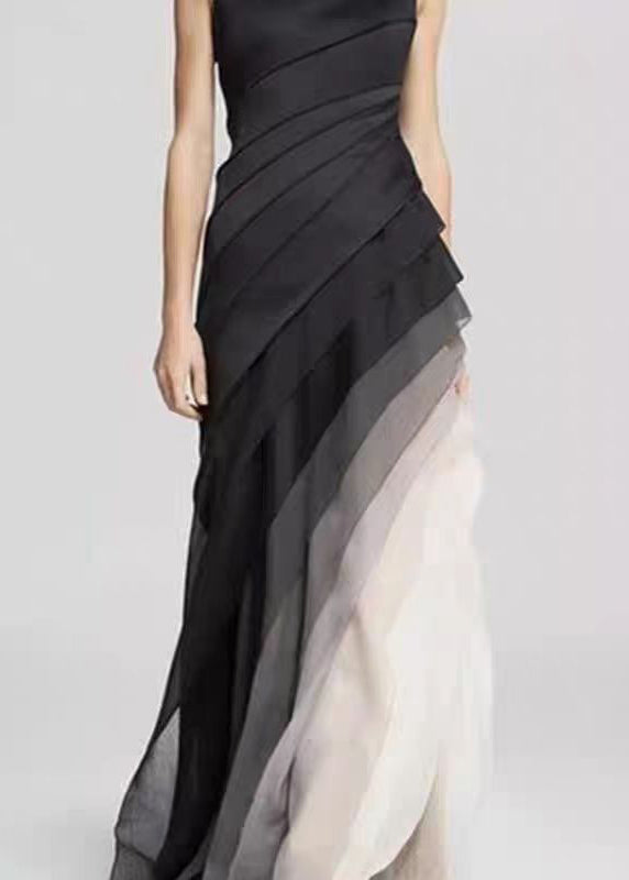 French Navy High Waist Patchwork Tulle Maxi Dresses Sleeveless - View 5