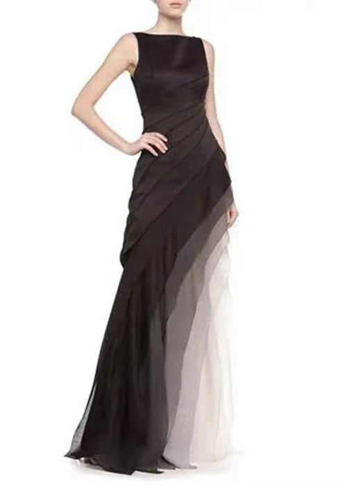 French Black High Waist Patchwork Tulle Maxi Dresses Summer - View 5