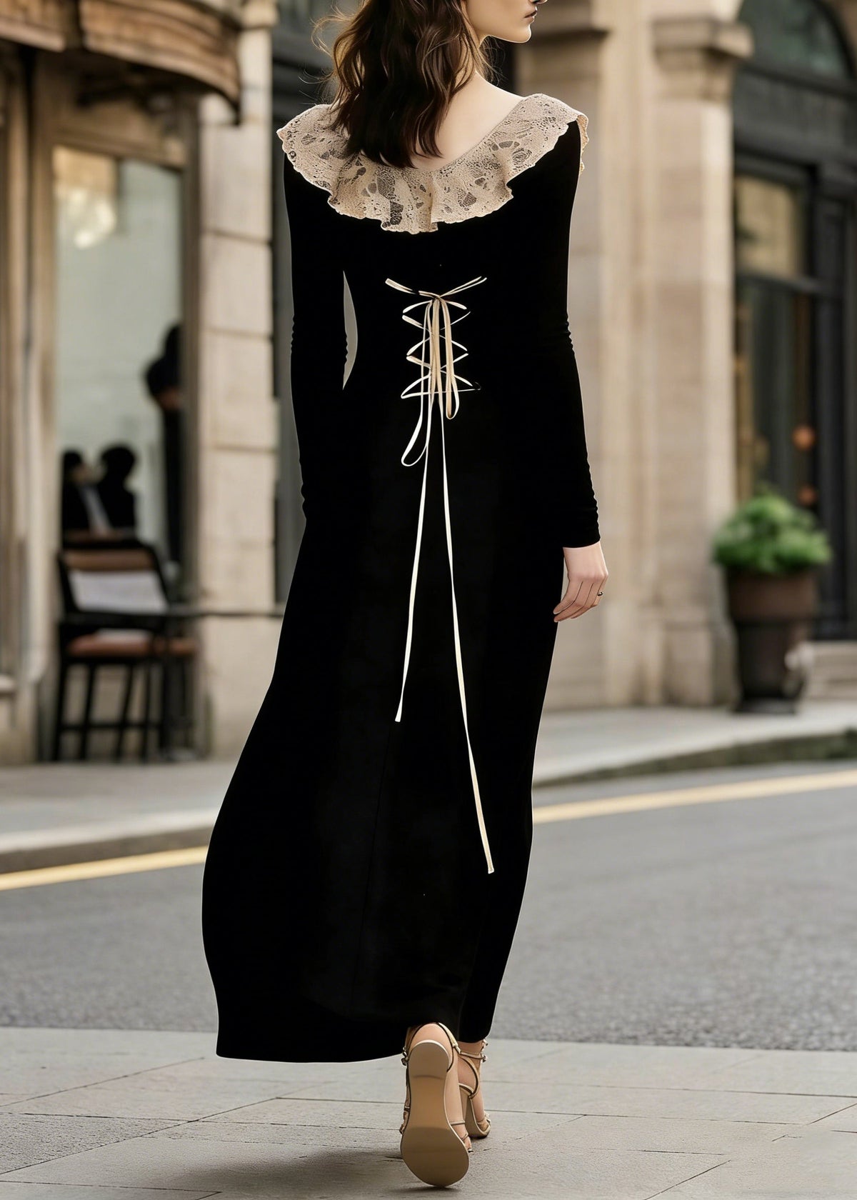 French Black Lace Patchwork Wear On Both Sides Cotton Maxi Dress