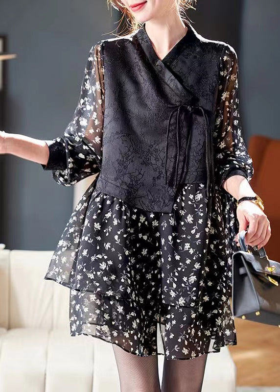 Floral Print Long Sleeve Tiered Mini Dress Lace Up Vest Two Piece Set - View 2