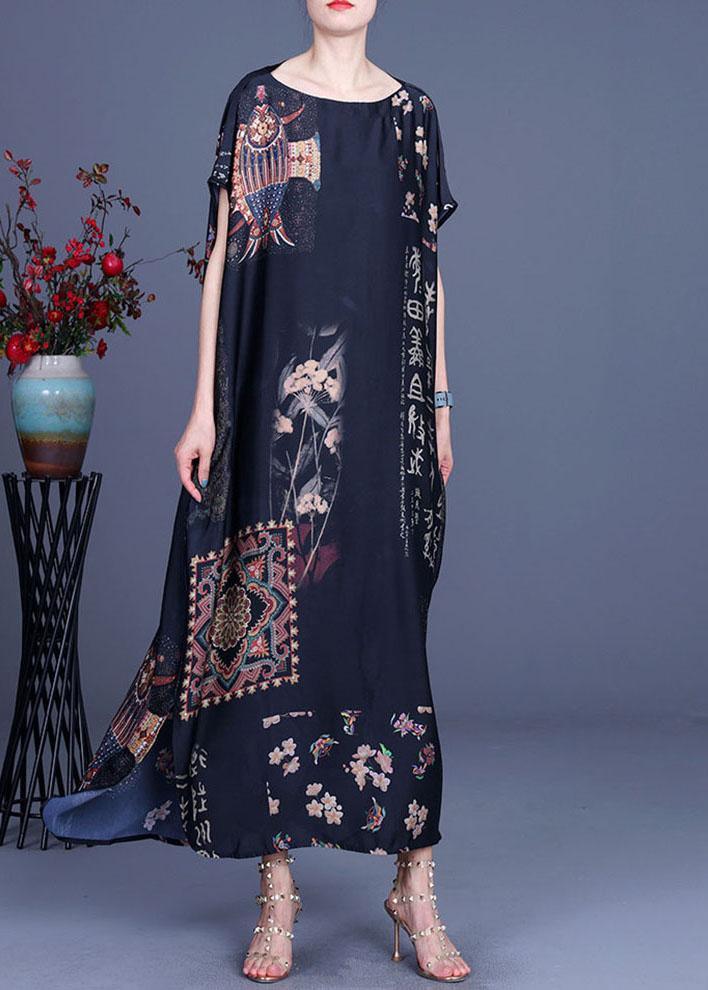 Chiffon Folk Art Print Round Neck Cap Sleeve Oversized Maxi Dress