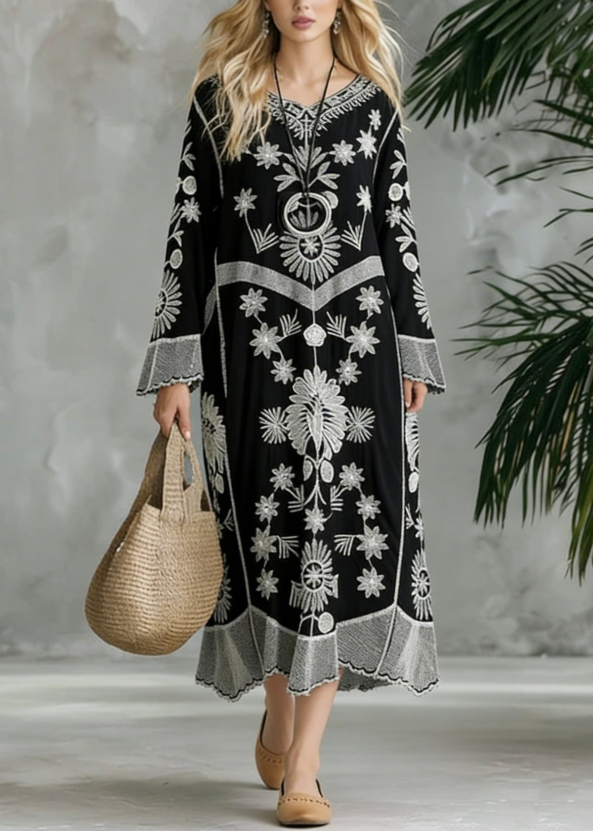 Embroidered V-Neck Long Sleeve Bell Cuff Chevron Band Flowy Maxi Dress
