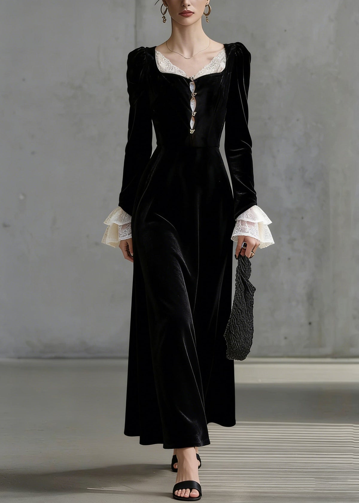 Square Neck Lace Panel Flared Cuff Long Sleeve Velvet Maxi Dress - View 5