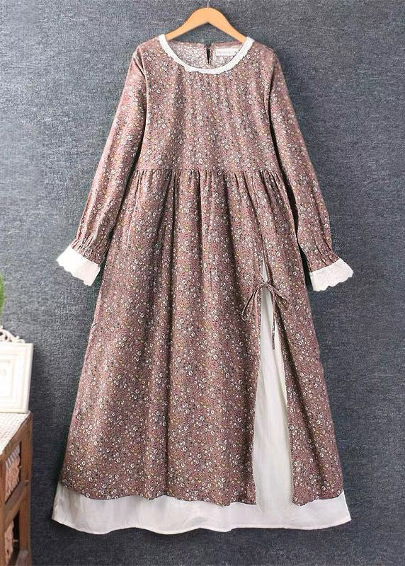 French Blue Print Side Open Lace Up Cotton Dress Long Sleeve - View 2
