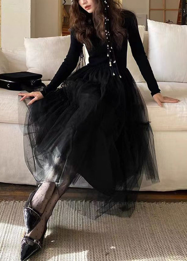 French Blue Ruffled Asymmetrical Tulle Patchwork Knit Dresses Spring - View 3
