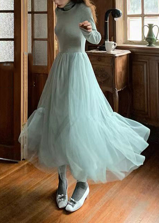 French Blue Ruffled Asymmetrical Tulle Patchwork Knit Dresses Spring - View 4