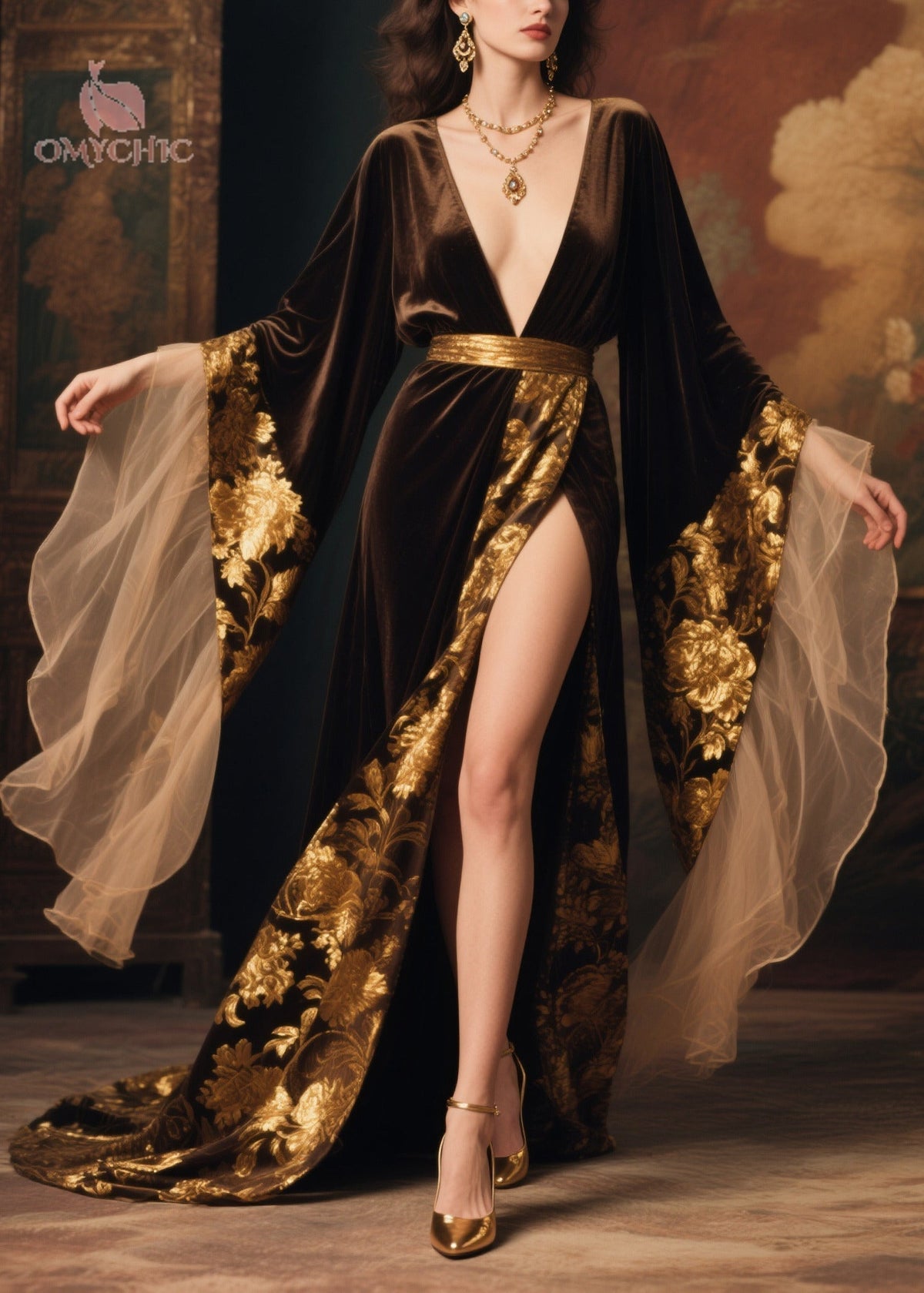 Velvet Floral Embroidery Deep V-Neck Bell Sleeve Tulle Maxi Gown