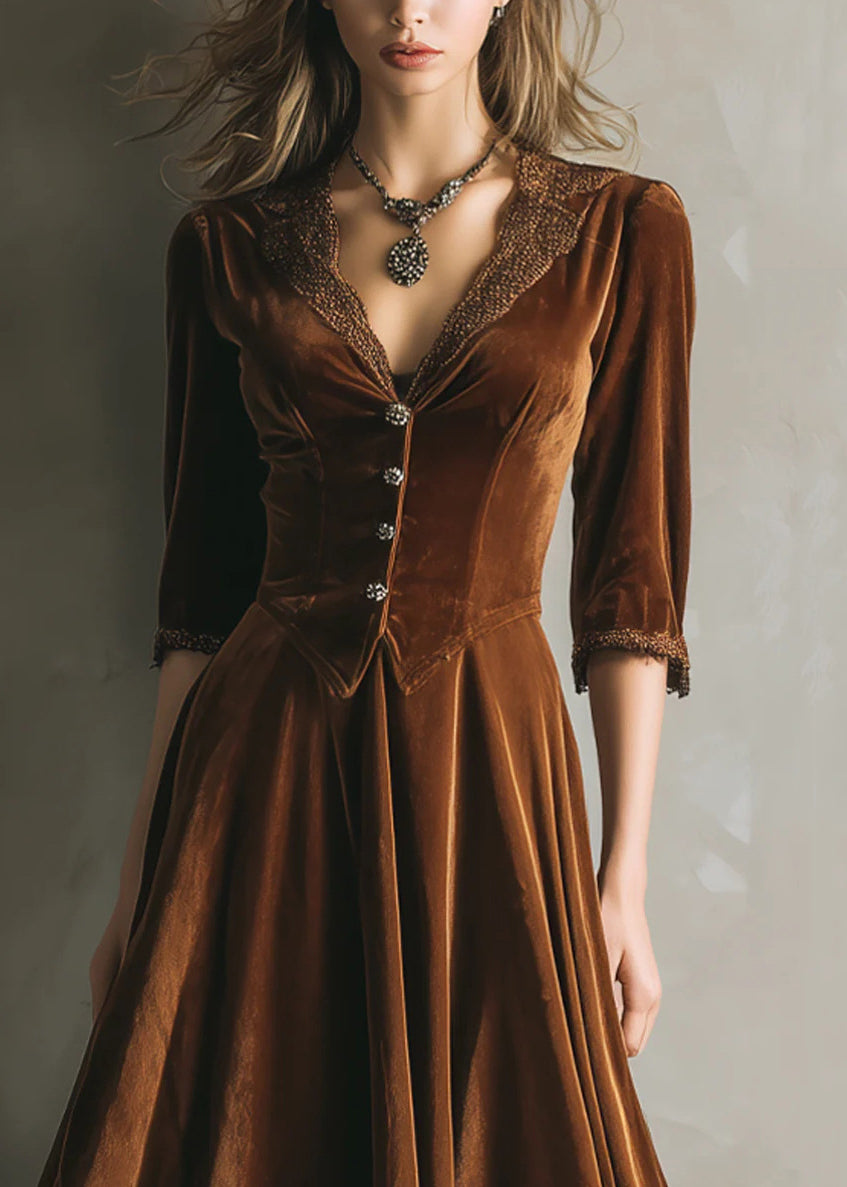 Velvet V-Neck Three Quarter Sleeve Button Front Midi Dress - View 3