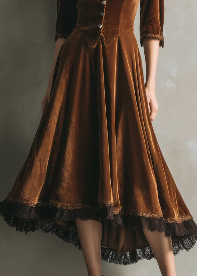 Velvet V-Neck Three Quarter Sleeve Button Front Midi Dress - View 4