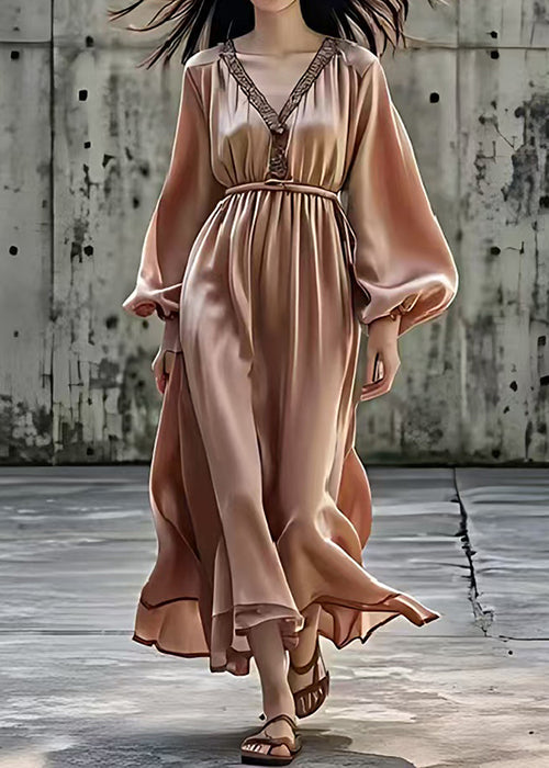 Satin Lace Trim Deep V-Neck Bishop Sleeve Elastic Maxi Dress