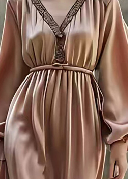 Satin Lace Trim Deep V-Neck Bishop Sleeve Elastic Maxi Dress - View 3
