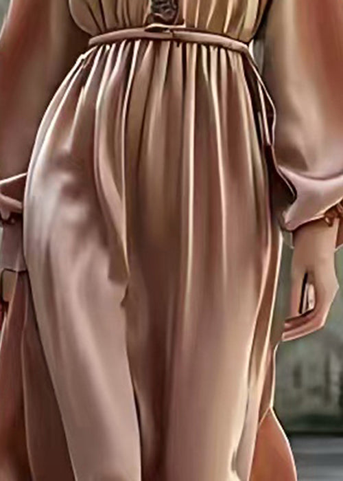 Satin Lace Trim Deep V-Neck Bishop Sleeve Elastic Maxi Dress - View 4