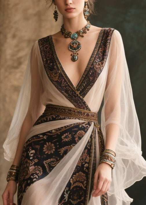 Paisley Print Deep V-Neck Bell Sleeve Tiered Ruffle Wrap Maxi Gown - View 2