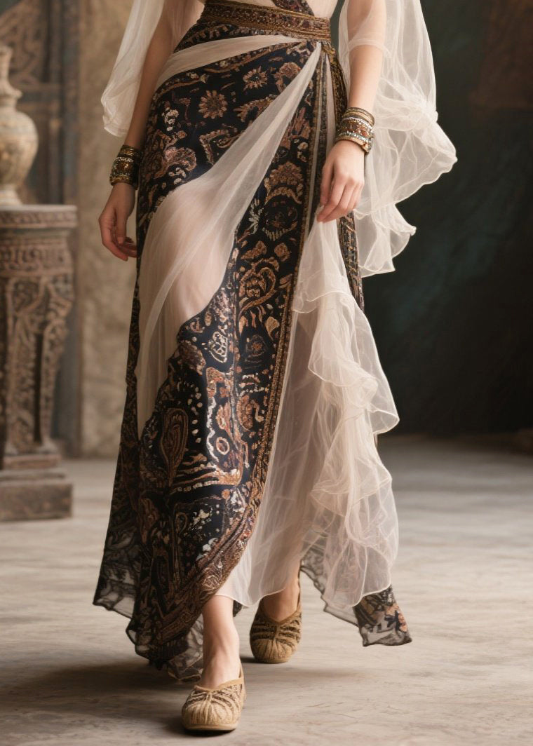 Paisley Print Deep V-Neck Bell Sleeve Tiered Ruffle Wrap Maxi Gown - View 4