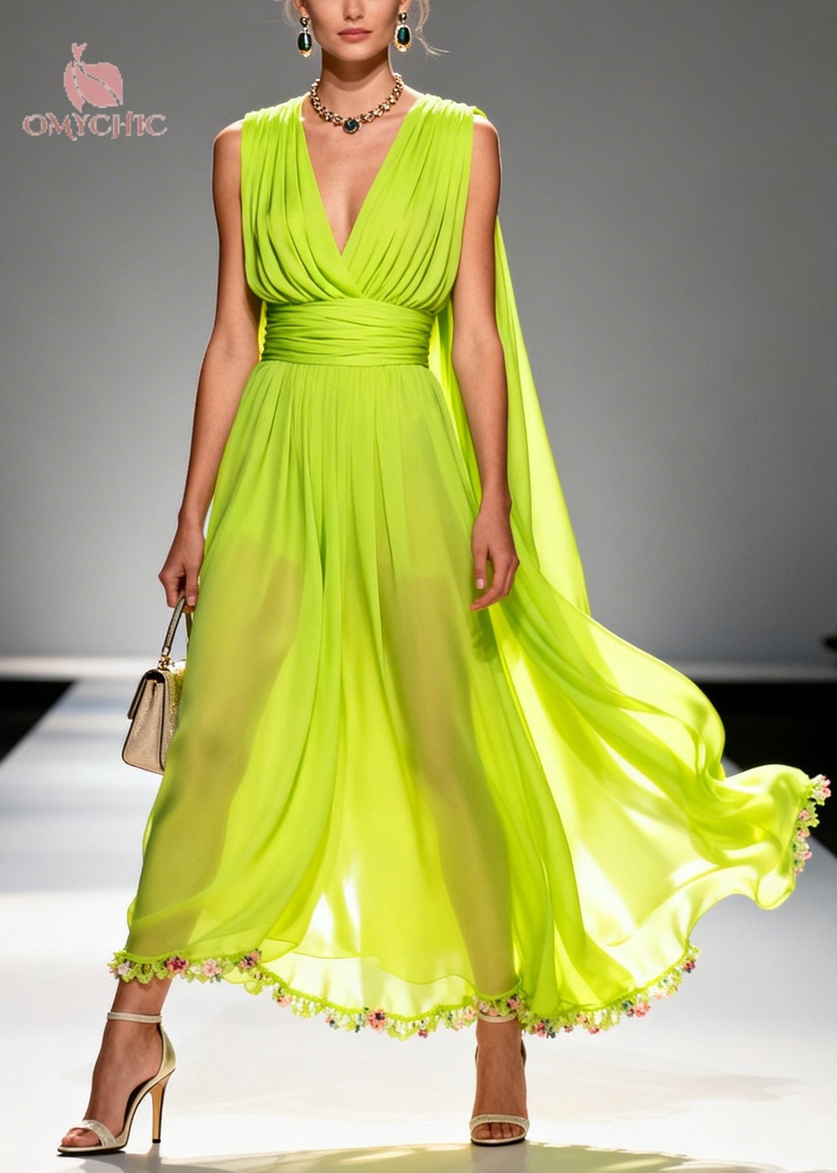 Deep V-Neck Sleeveless Pleated Waist Chiffon Floral Maxi Gown