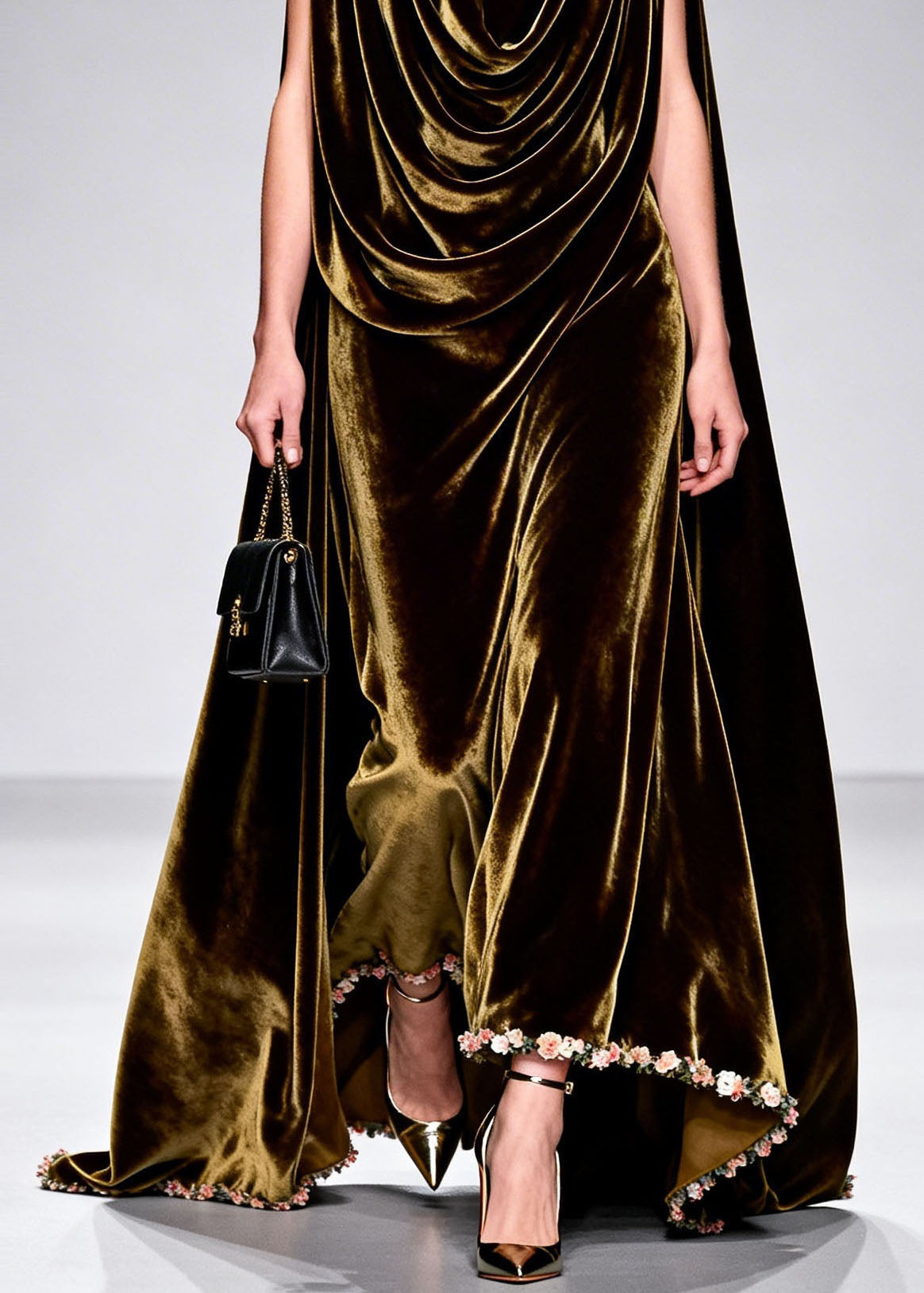Velvet Cowl Neck Attached Cape Floral Applique Hem Maxi Gown - View 4