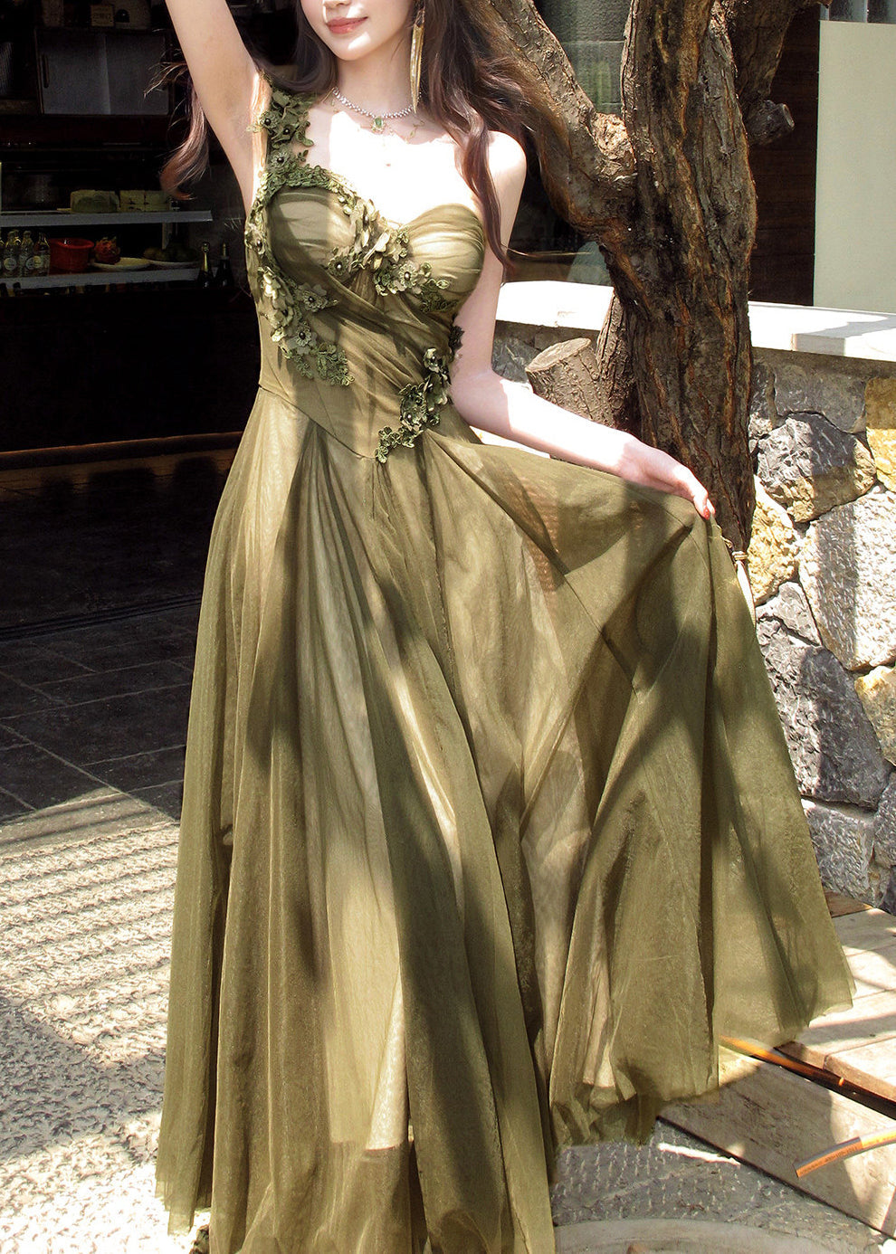 Floral Lace Appliqué One Shoulder A-Line Maxi Gown