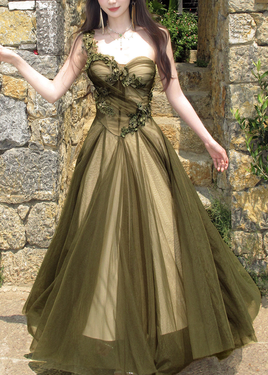 Floral Lace Appliqué One Shoulder A-Line Maxi Gown - View 2