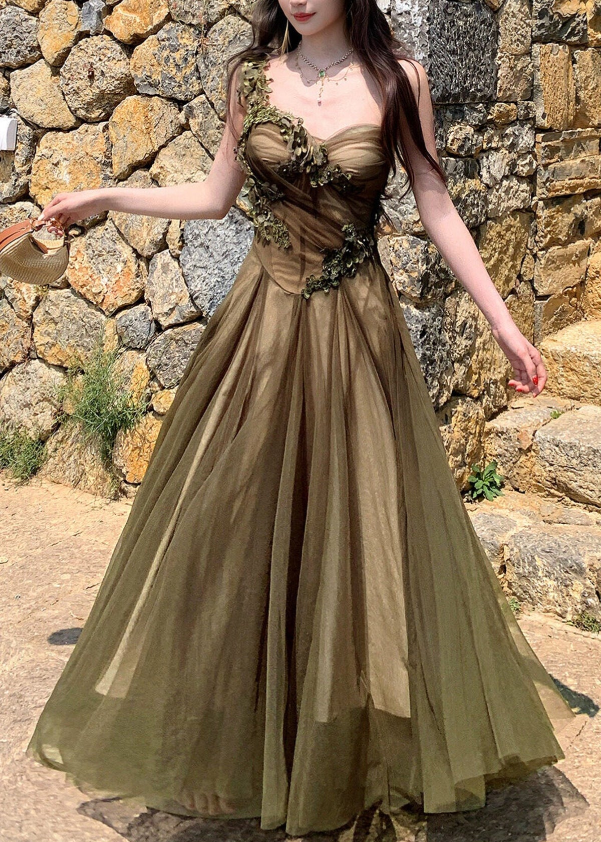 Floral Lace Appliqué One Shoulder A-Line Maxi Gown - View 3