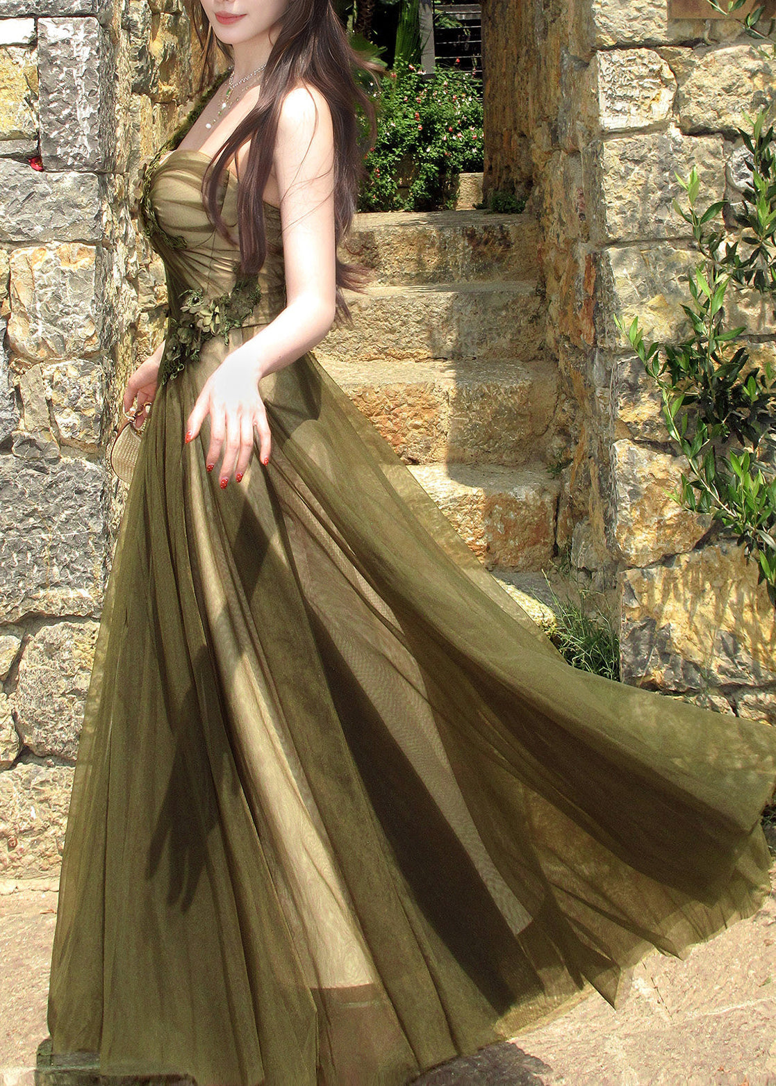 Floral Lace Appliqué One Shoulder A-Line Maxi Gown - View 4