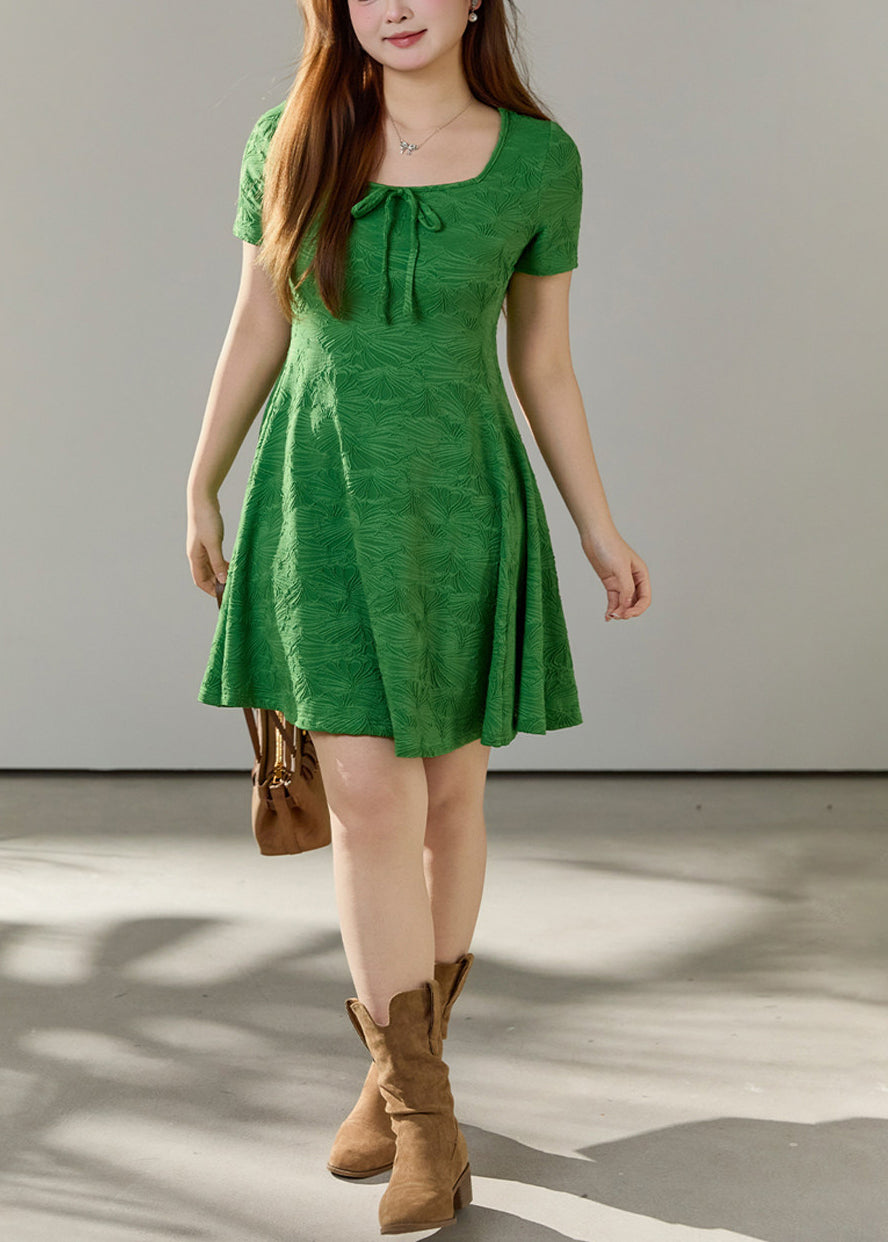 Jacquard Square Neck Tie Front Bow Short Sleeve A-Line Mini Dress - View 2
