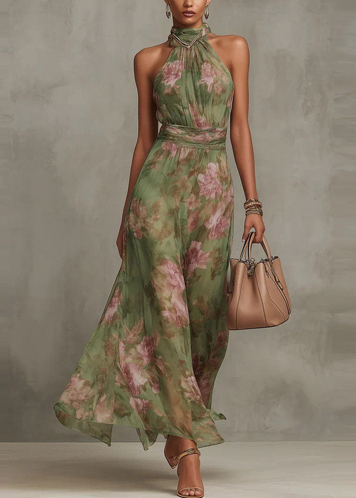 Chiffon Floral Halter Neck Ruched Waist A-Line Maxi Dress