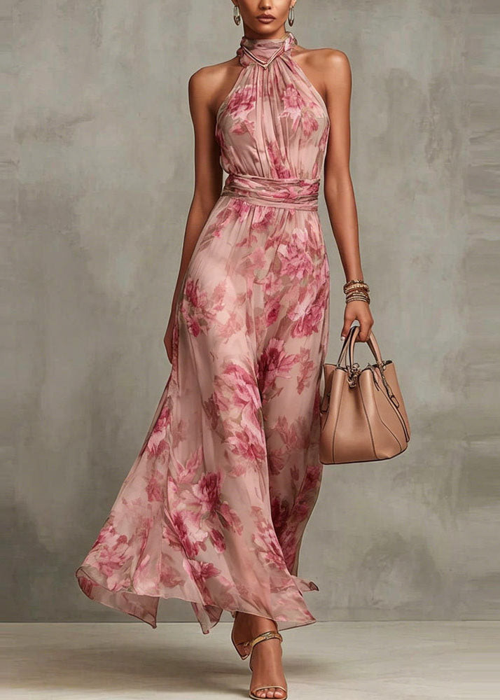 Chiffon Floral Halter Neck Ruched Waist A-Line Maxi Dress - View 2