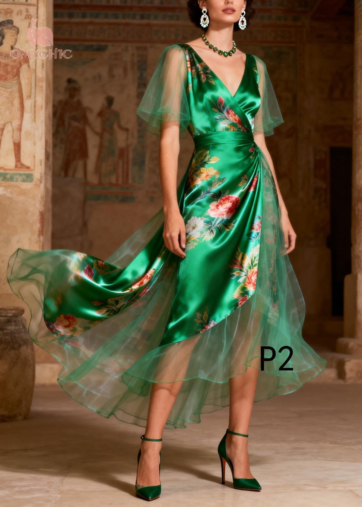 Tulle Overlay Puff Sleeve Wrap V-Neck Satin A-Line Midi Party Dress - View 2