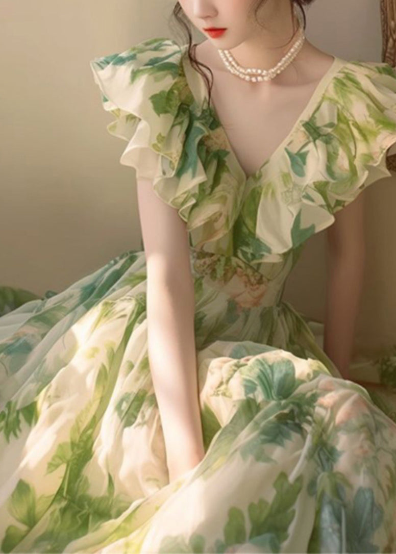 V-Neck Flutter Sleeve Ruffle Floral Print Chiffon Maxi Dress