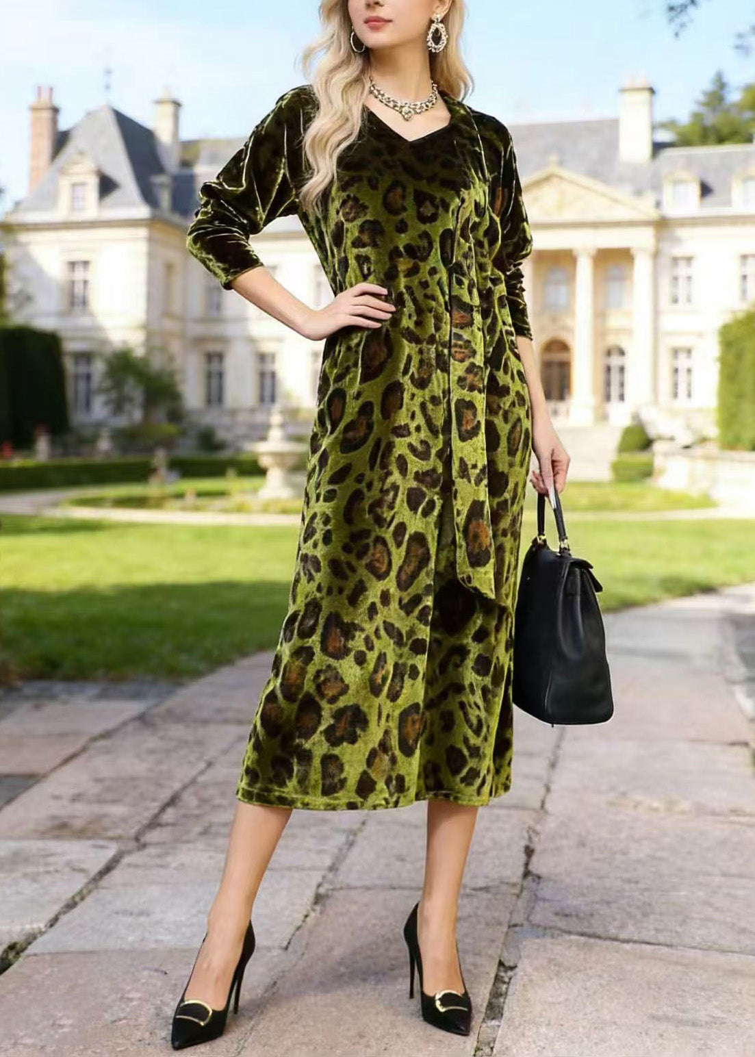 Leopard Print Velvet V-Neck Long Sleeve Tie Waist Side Midi Dress - View 3