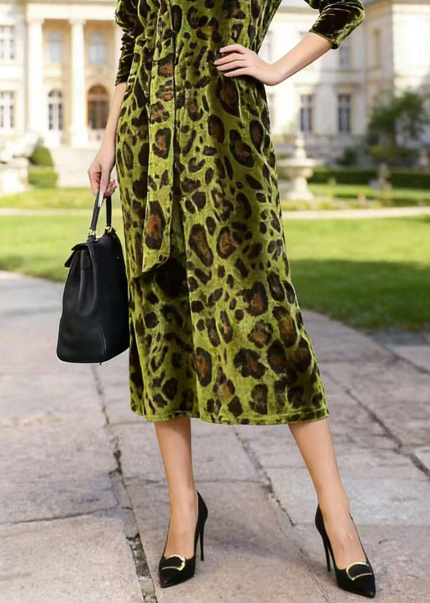 Leopard Print Velvet V-Neck Long Sleeve Tie Waist Side Midi Dress - View 4