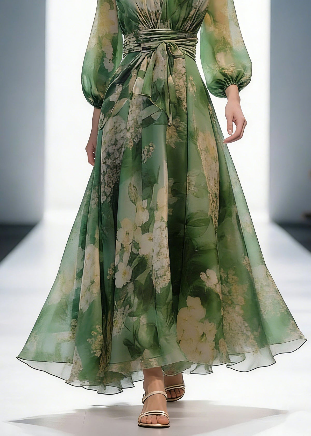 French Green V Neck Print High Waist Chiffon Dresses Long Sleeve - View 4