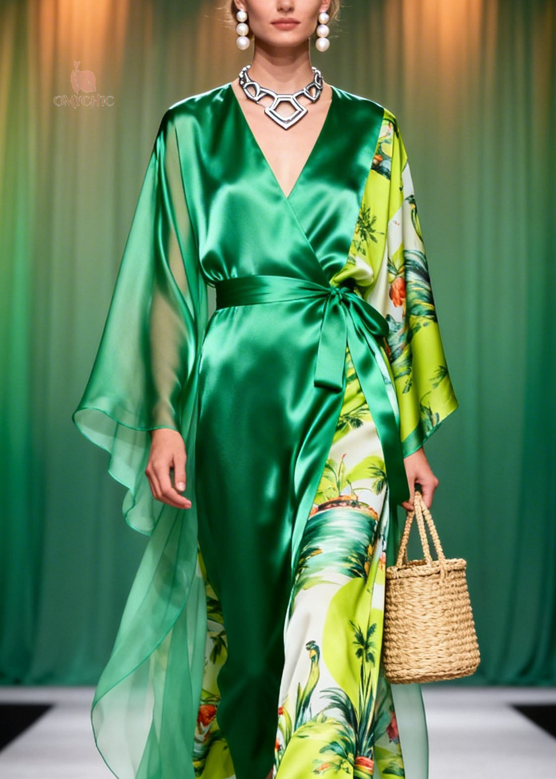 Tropical Print Wrap V-Neck Sheer Cape Sleeve Tie Waist Maxi Dress - View 2