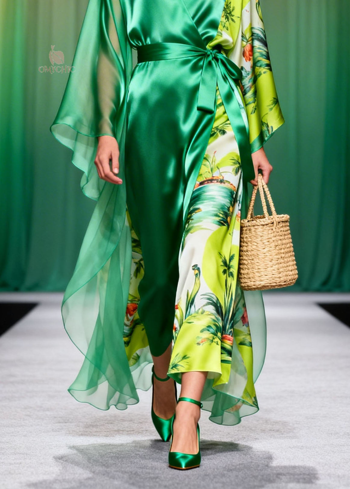 Tropical Print Wrap V-Neck Sheer Cape Sleeve Tie Waist Maxi Dress - View 4