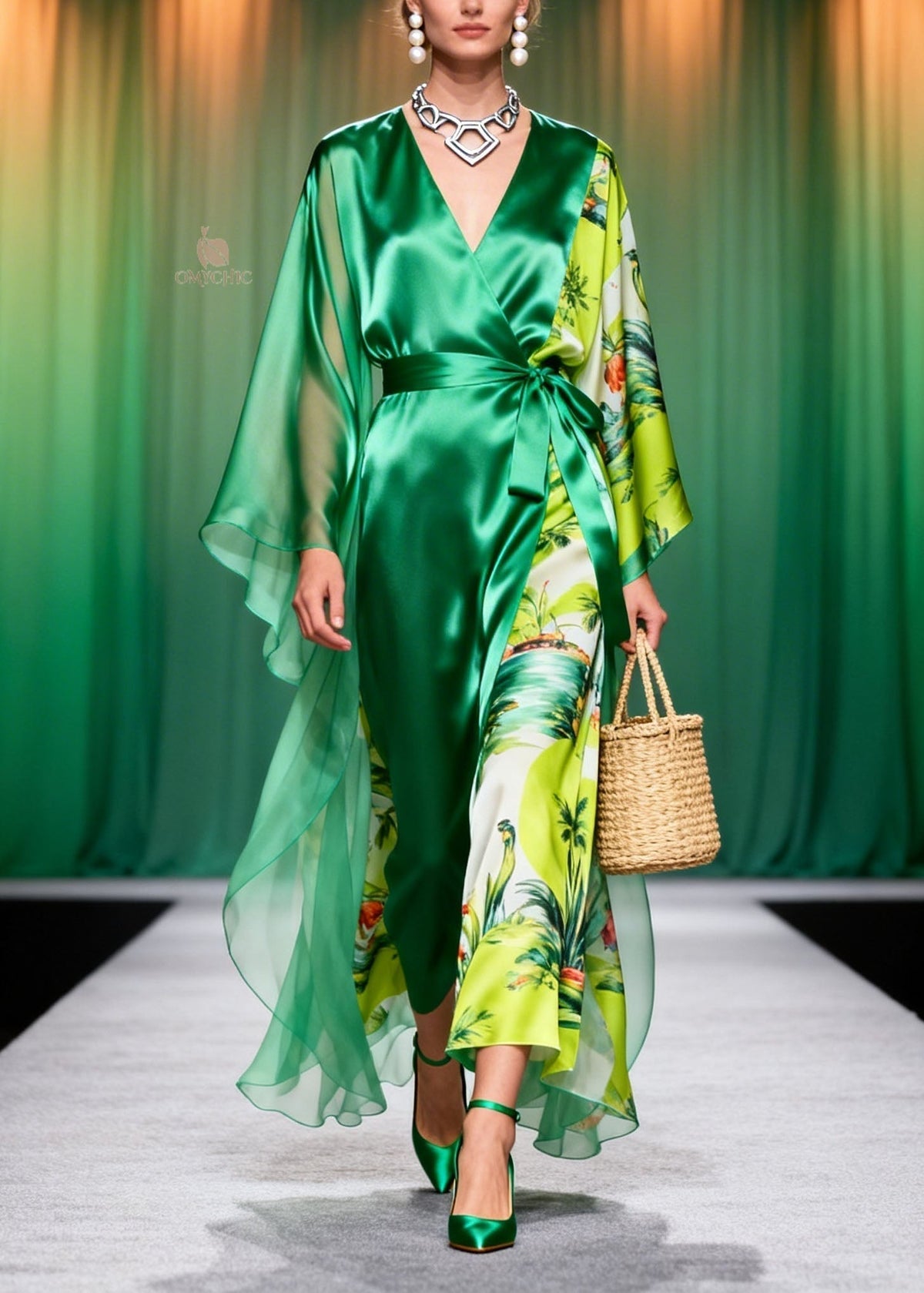 Tropical Print Wrap V-Neck Sheer Cape Sleeve Tie Waist Maxi Dress - View 5