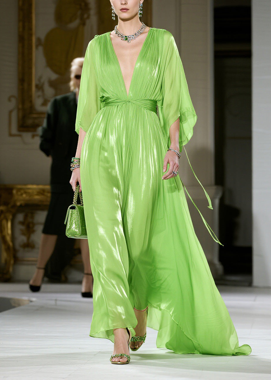 Metallic Pleated Deep V-Neck Butterfly Sleeve Tie Waist Maxi Gown - View 5