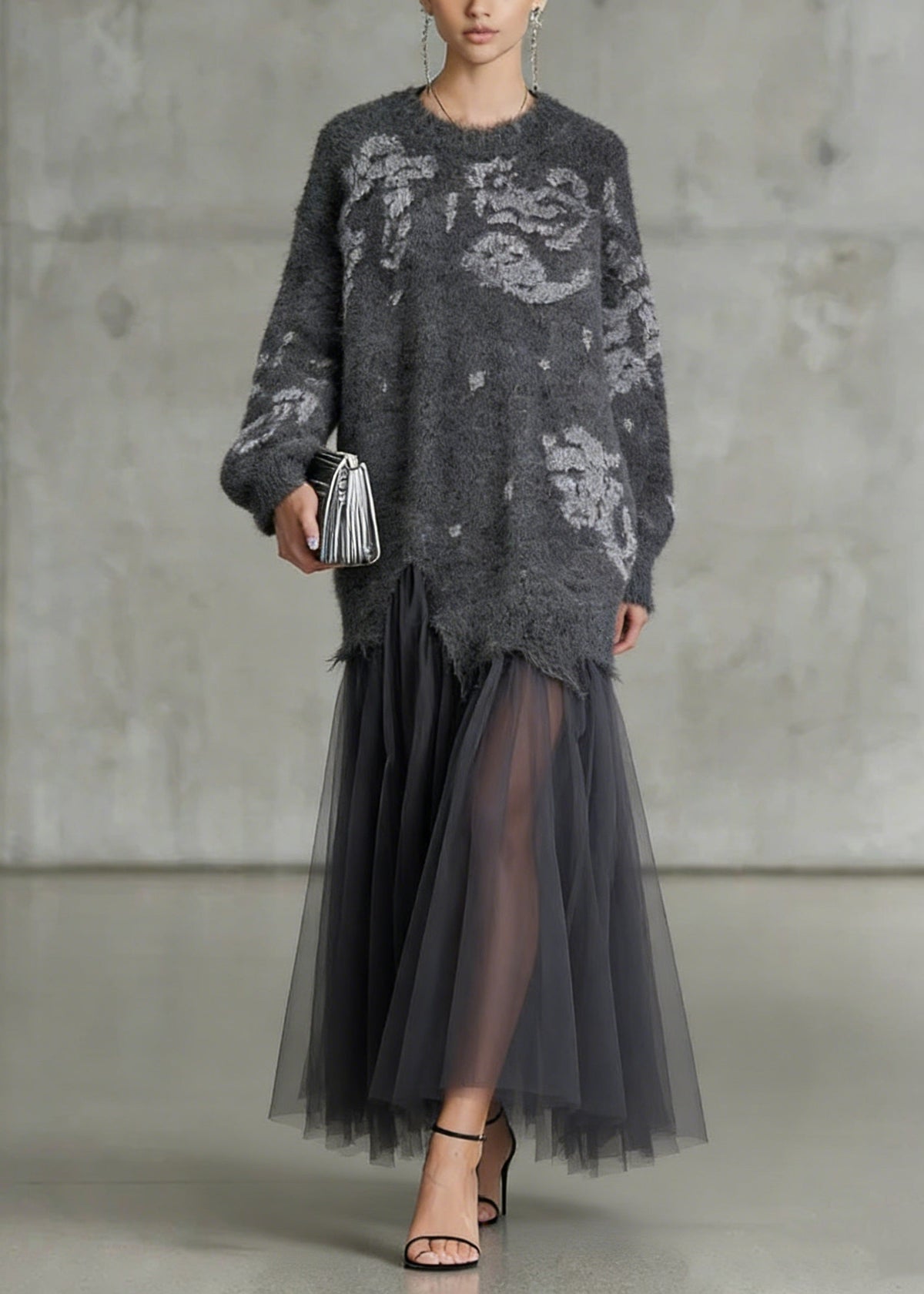 Floral Knit Tulle Patchwork Crew Neck Long Sleeve Maxi Dress