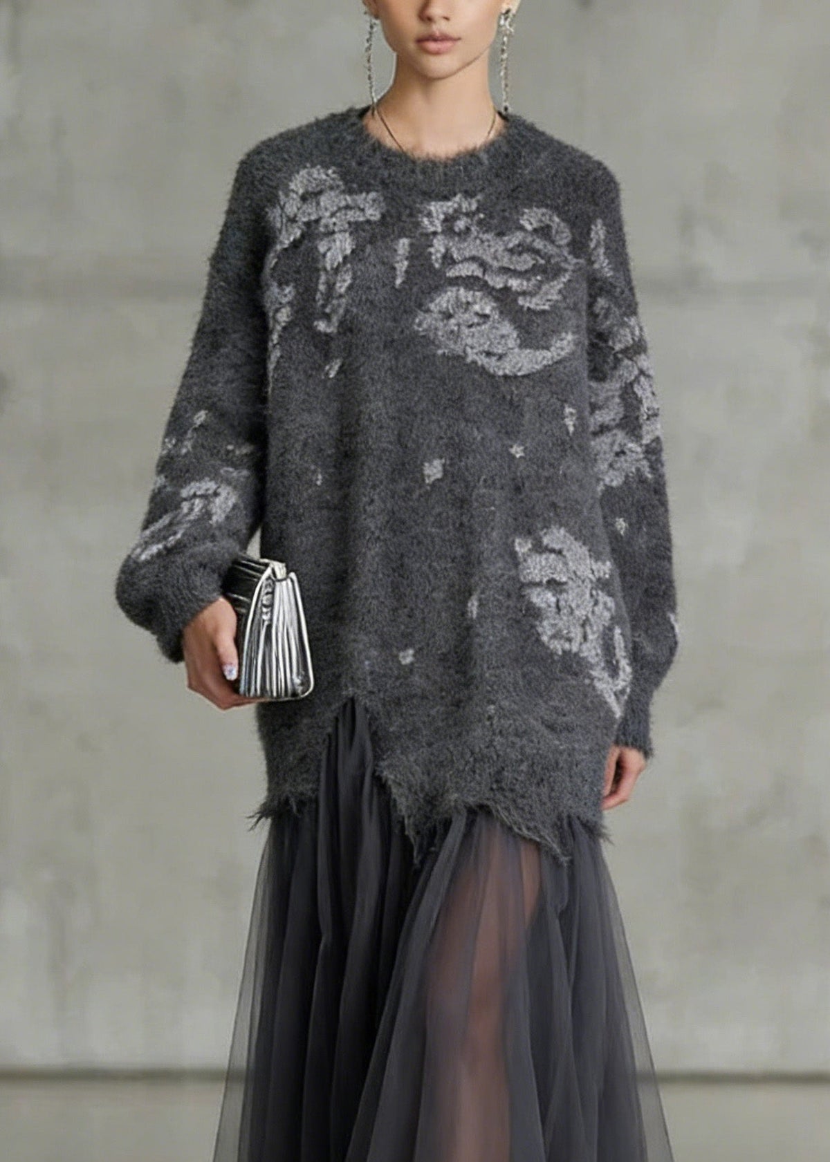 Floral Knit Tulle Patchwork Crew Neck Long Sleeve Maxi Dress - View 2