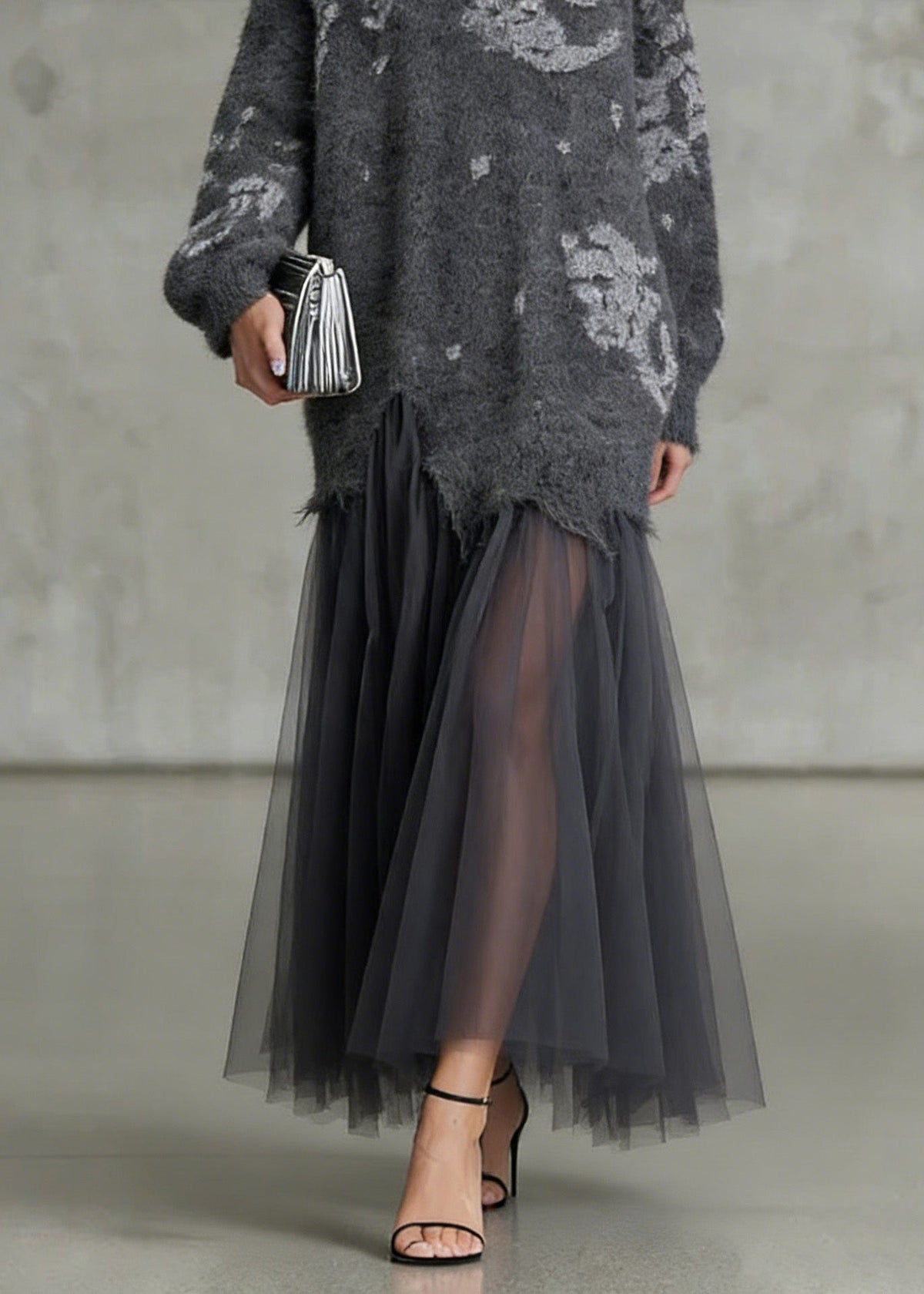 Floral Knit Tulle Patchwork Crew Neck Long Sleeve Maxi Dress - View 4