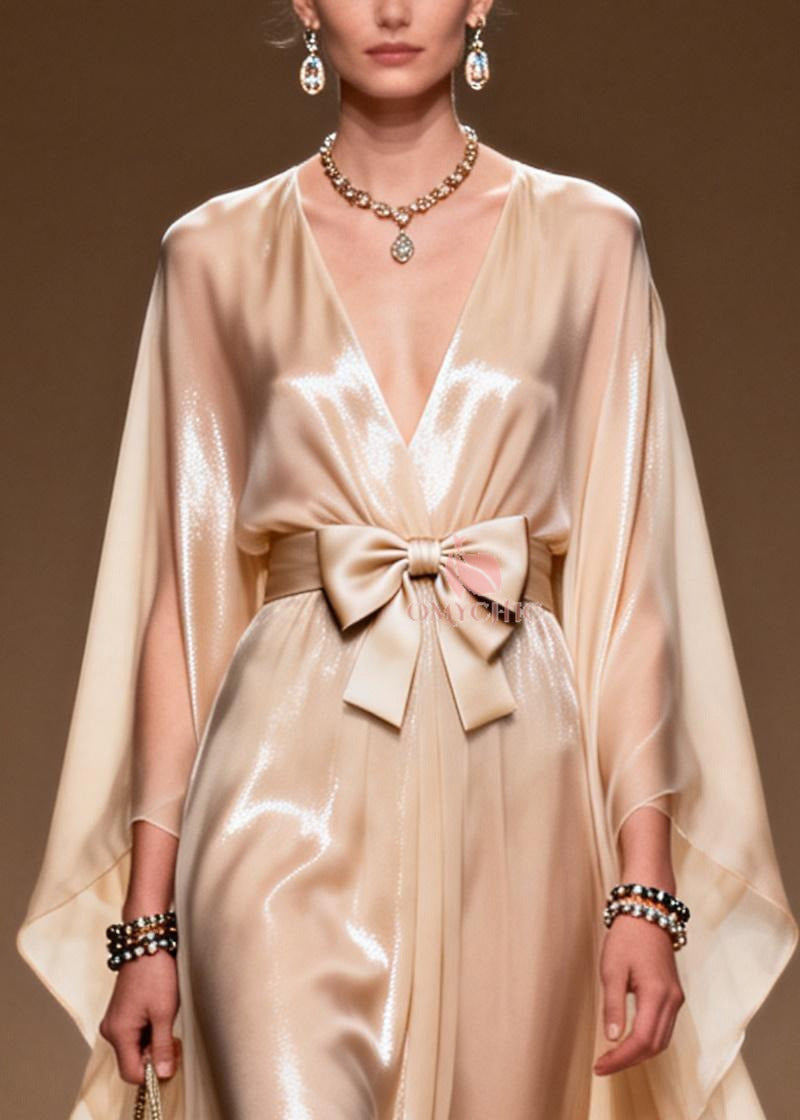 Chiffon Deep V-Neck Cape Sleeve Bow Belt Pleated Sheer Maxi Gown - View 2