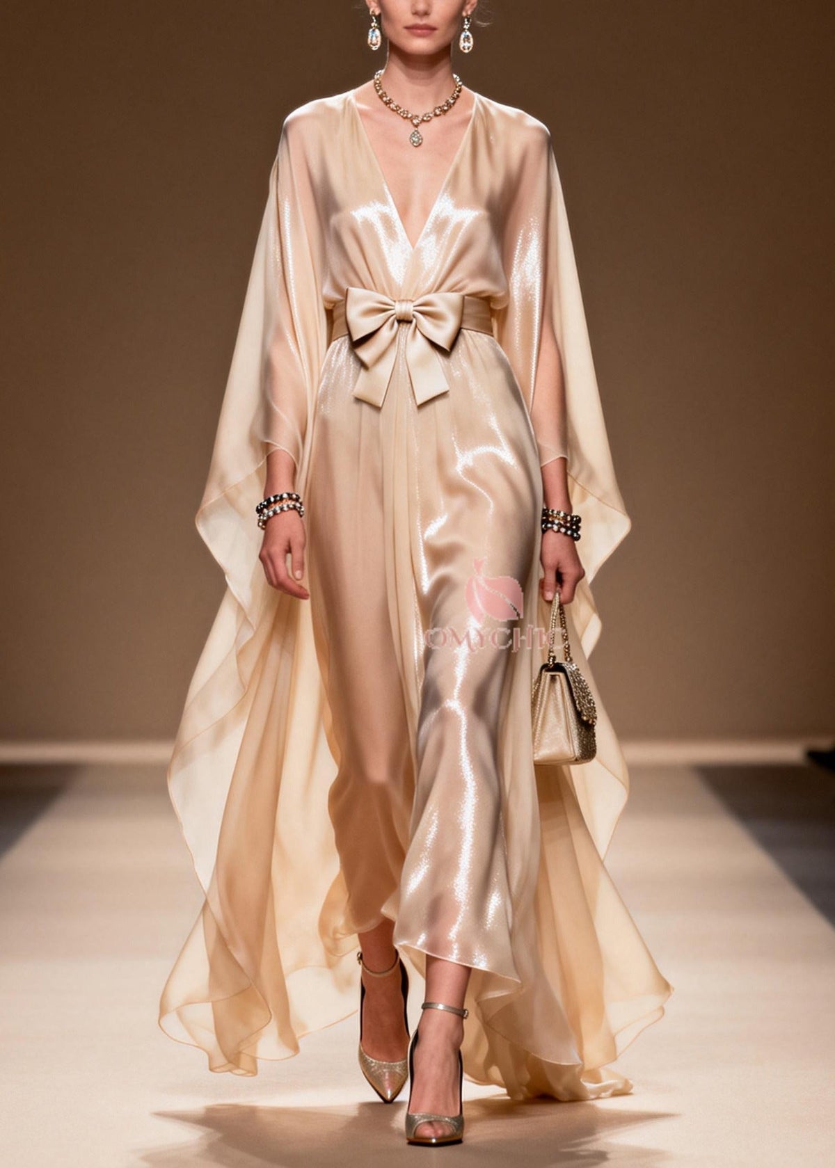 Chiffon Deep V-Neck Cape Sleeve Bow Belt Pleated Sheer Maxi Gown - View 3