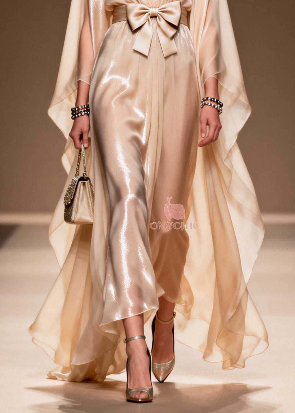 Chiffon Deep V-Neck Cape Sleeve Bow Belt Pleated Sheer Maxi Gown - View 4