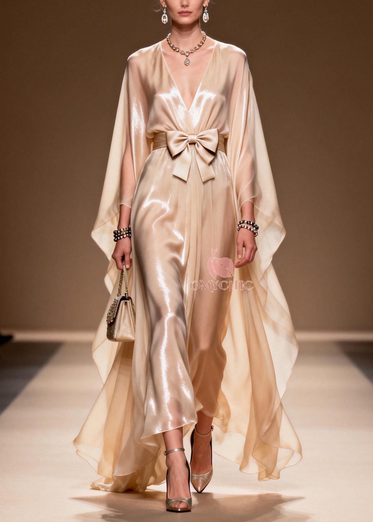 Chiffon Deep V-Neck Cape Sleeve Bow Belt Pleated Sheer Maxi Gown - View 5