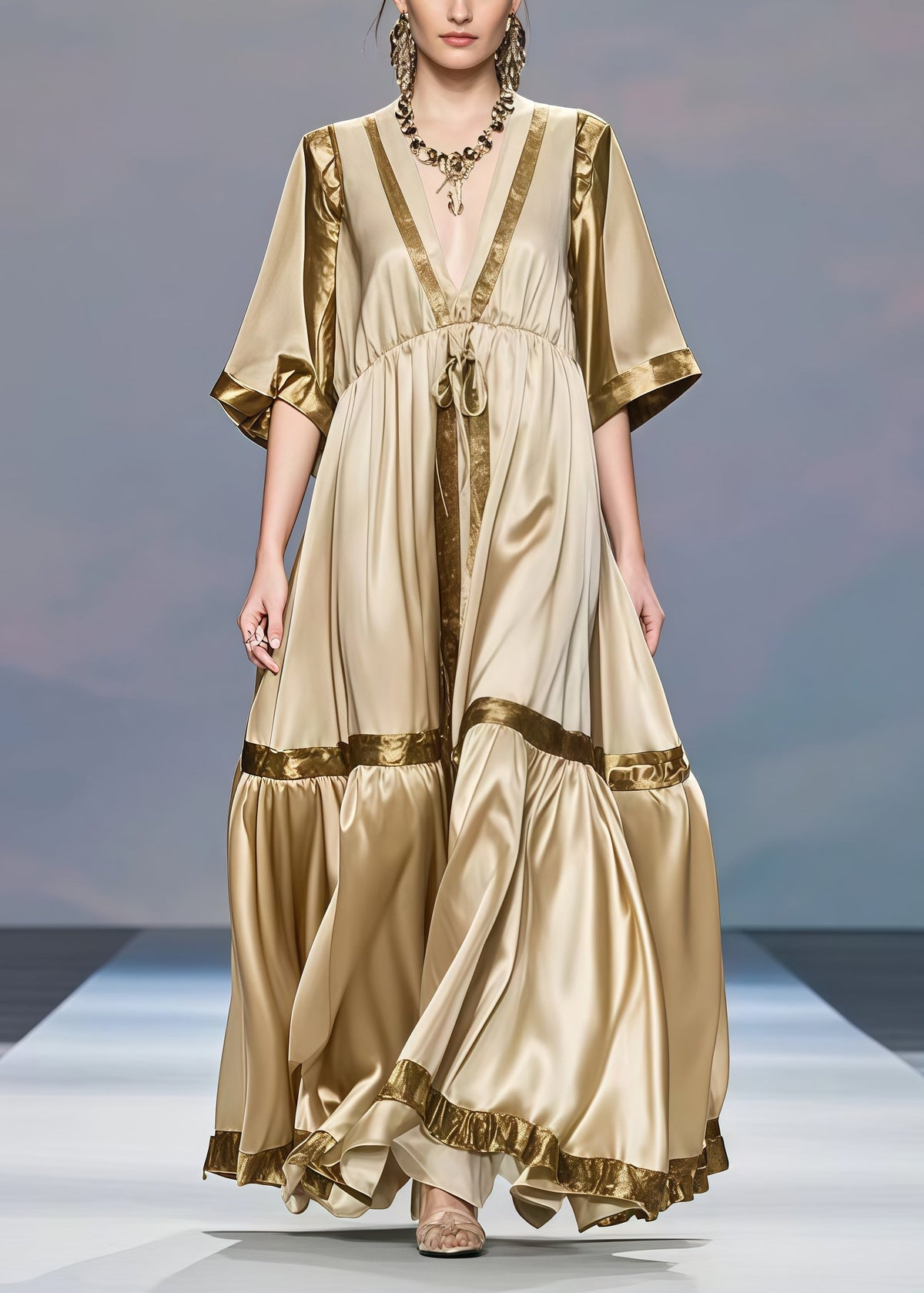 Deep V-Neck Sleeve Drawstring Empire Waist Tiered Maxi Gown