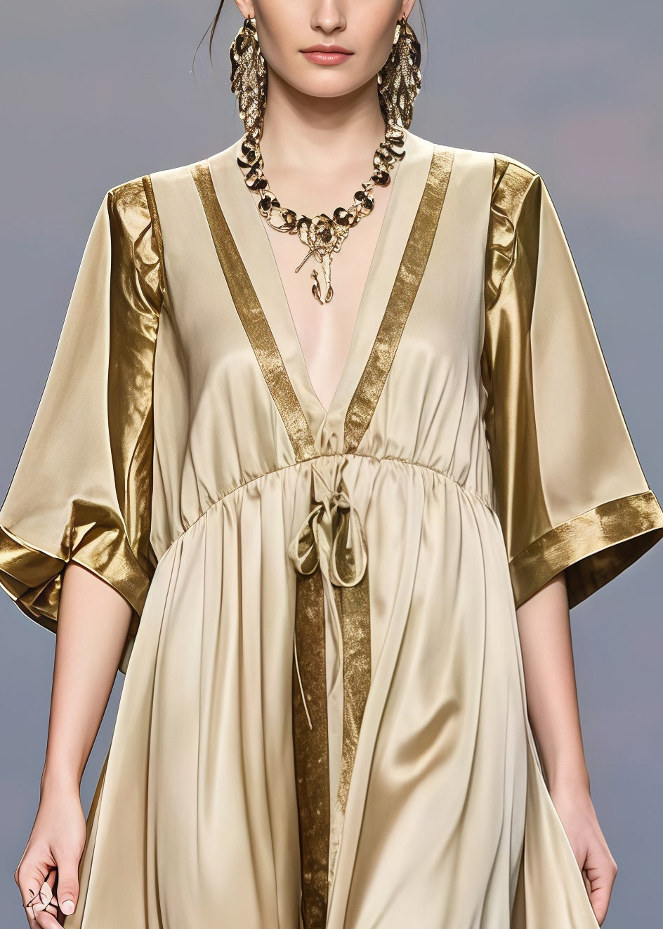 Deep V-Neck Sleeve Drawstring Empire Waist Tiered Maxi Gown - View 2