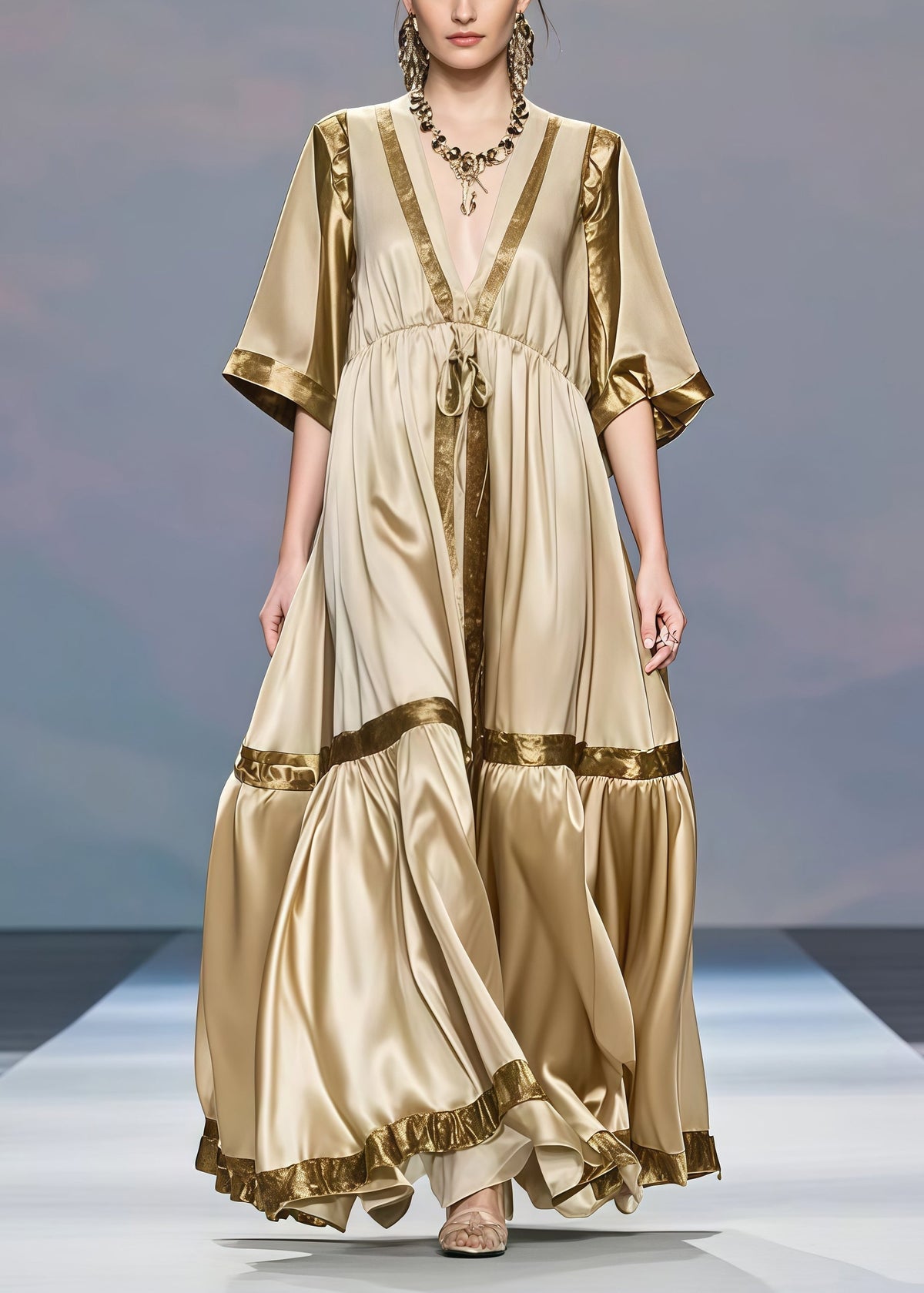 Deep V-Neck Sleeve Drawstring Empire Waist Tiered Maxi Gown - View 3